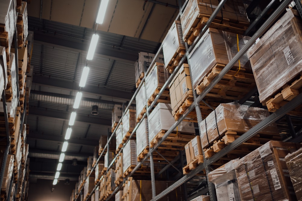 Stocked shelves in a store warehouse